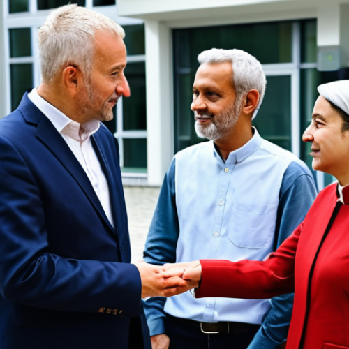 A diverse group of adults, fully clothed in modest and contemporary professional dress, engaged in respectful interfaith dialogue within a modern community center in a European city. In the background, a subtle architectural element hints at a cultural or spiritual building, signifying harmonious coexistence. The scene is bathed in soft, natural light, capturing a sense of unity and understanding. Perfect anatomy, correct proportions, natural poses, well-formed hands, proper finger count, professional photography, high quality, safe for work, appropriate content, fully clothed, family-friendly.