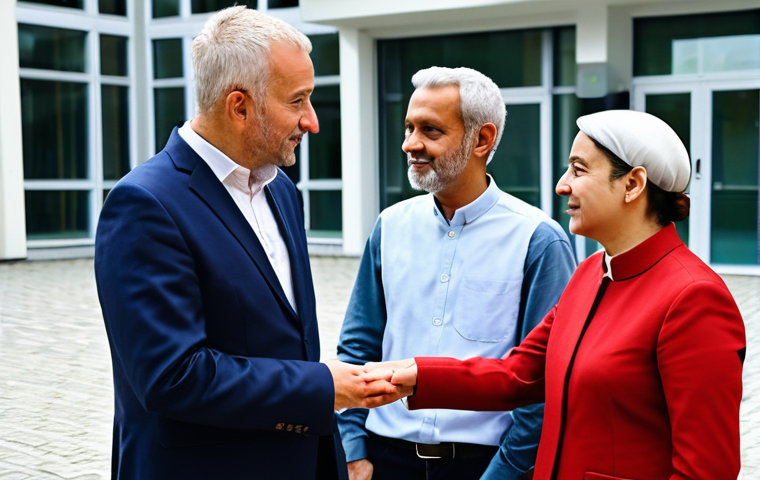 A diverse group of adults, fully clothed in modest and contemporary professional dress, engaged in respectful interfaith dialogue within a modern community center in a European city. In the background, a subtle architectural element hints at a cultural or spiritual building, signifying harmonious coexistence. The scene is bathed in soft, natural light, capturing a sense of unity and understanding. Perfect anatomy, correct proportions, natural poses, well-formed hands, proper finger count, professional photography, high quality, safe for work, appropriate content, fully clothed, family-friendly.
