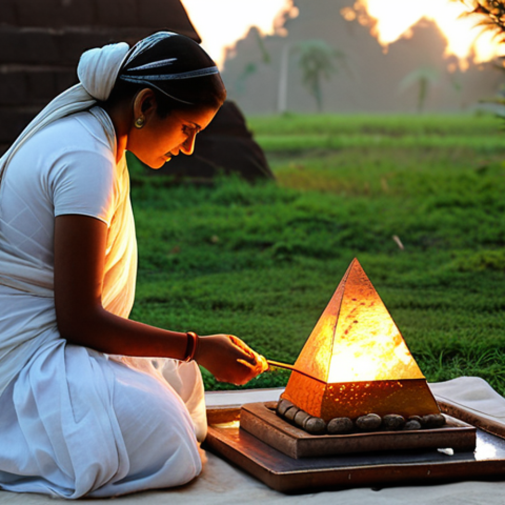 Agnihotra Ritual**

"A serene scene of an Agnihotra ritual performed at sunset. A woman in modest, traditional Indian clothing is carefully placing offerings into a copper pyramid. Smoke gently rises, illuminated by the warm sunlight. The background features a clean and simple outdoor setting, perhaps a garden. Safe for work, appropriate content, fully clothed, professional, perfect anatomy, natural proportions, high-resolution, realistic style. Include the following elements: copper pyramid, rice, ghee, cow dung cakes."

**