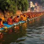 힌두교와 성지 숭배 - **Varanasi Sunrise on the Ganges:**
    "A serene and breathtaking sunrise scene over the sacred Gan...