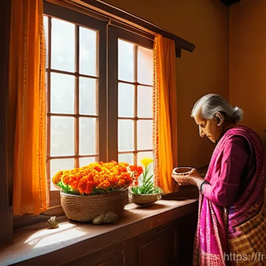 힌두교와 세계 종교 비교 - **Prompt:** "A vibrant scene depicting the daily spiritual life of a multi-generational Indian famil...