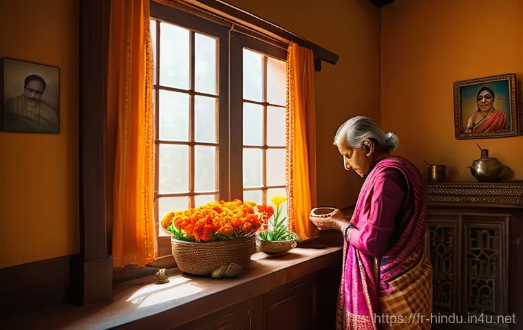 힌두교와 세계 종교 비교 - **Prompt:** "A vibrant scene depicting the daily spiritual life of a multi-generational Indian famil...