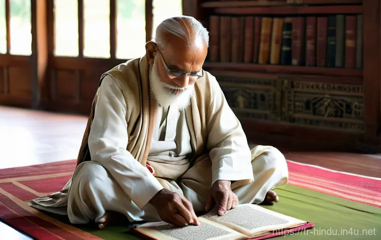 힌두교와 세계 종교 비교 - **Prompt:** "A vibrant scene depicting the daily spiritual life of a multi-generational Indian famil...