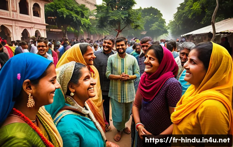 힌두교와 종교 갈등 - **Prompt:** A visually rich, wide-angle street photography scene in an Indian city during a major fe...