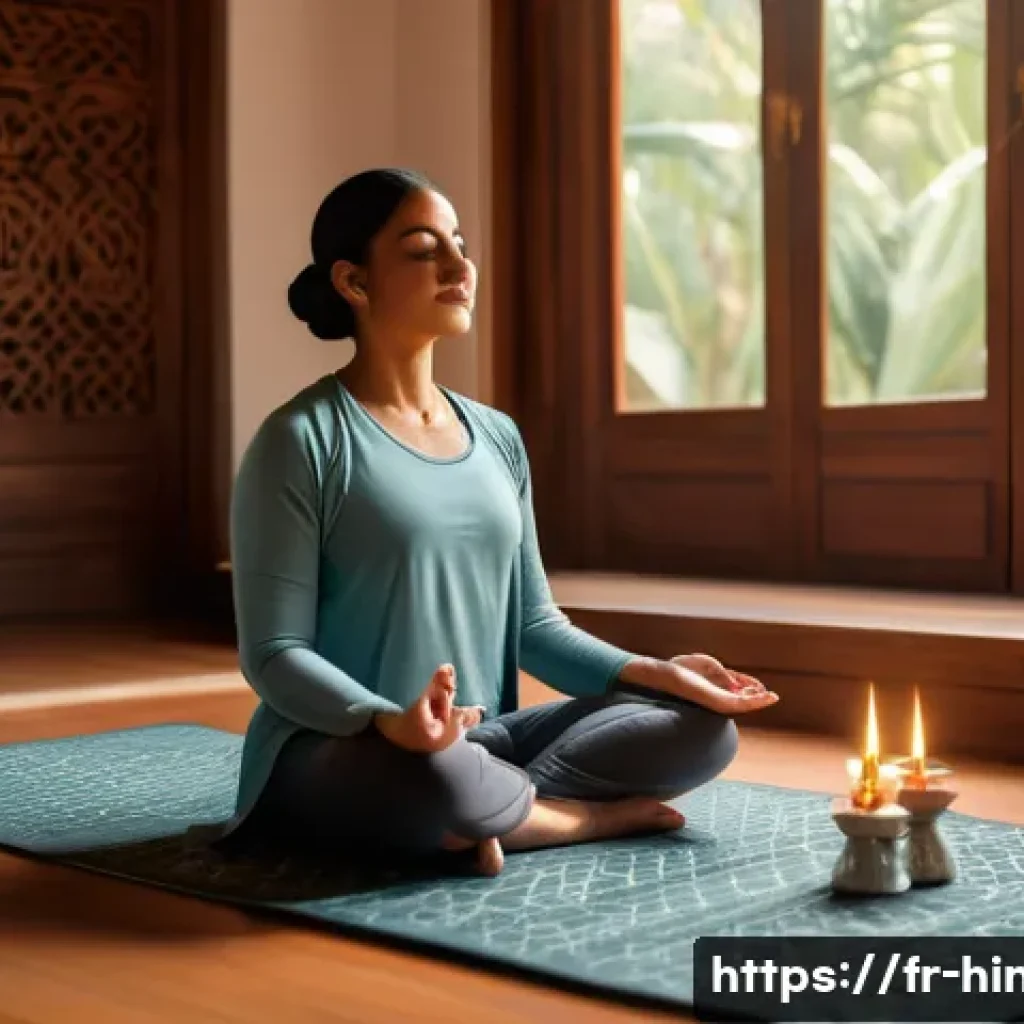 힌두교와 자기 인식 - A serene meditation scene set in a traditional Indian-style room with warm natural light filtering t...