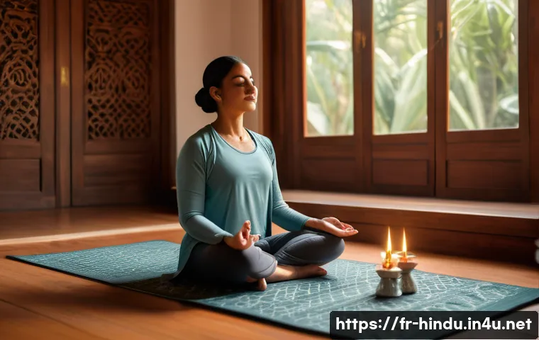 힌두교와 자기 인식 - A serene meditation scene set in a traditional Indian-style room with warm natural light filtering t...