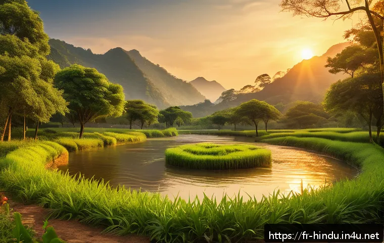 힌두교와 생태 운동 - A serene natural landscape illustrating the cyclical vision of nature in Hinduism: a lush forest wit...