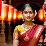 힌두교 전통 의복 - A graceful Indian woman wearing a traditional Tamil Nadu silk sari, richly draped with intricate gol...