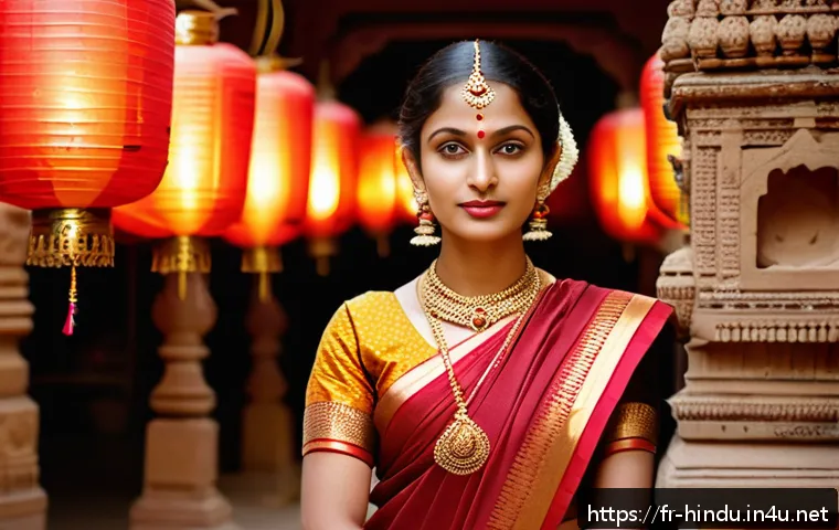 힌두교 전통 의복 - A graceful Indian woman wearing a traditional Tamil Nadu silk sari, richly draped with intricate gol...