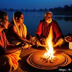 힌두교 신성한 책 - A serene scene depicting a traditional Vedic yajna ceremony in an Indian village setting at dusk, wi...