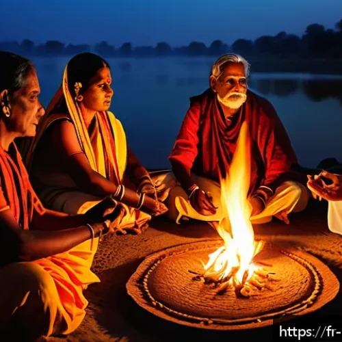 힌두교 신성한 책 - A serene scene depicting a traditional Vedic yajna ceremony in an Indian village setting at dusk, wi...