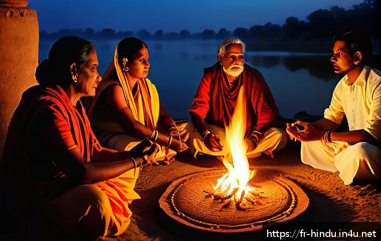 힌두교 신성한 책 - A serene scene depicting a traditional Vedic yajna ceremony in an Indian village setting at dusk, wi...