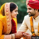 힌두교 전통 결혼식 - A vibrant scene depicting an Indian wedding ritual with the bride and groom participating in the Hal...
