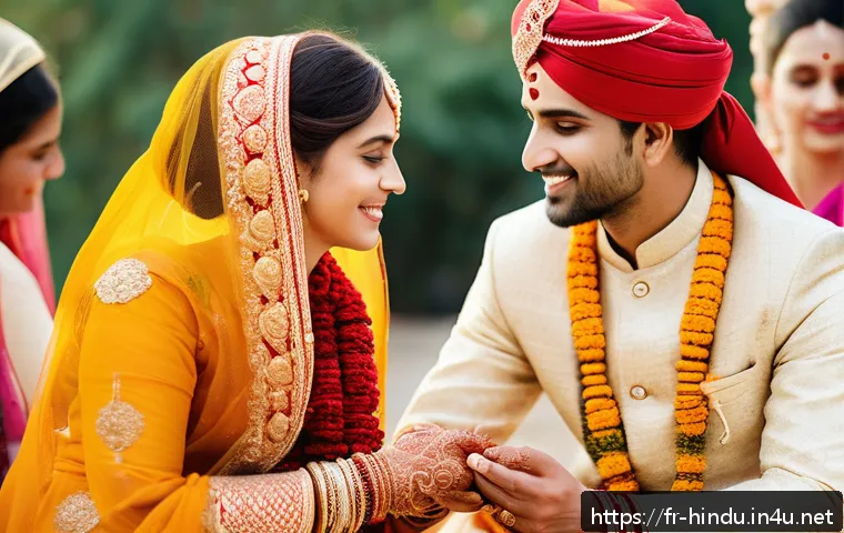 힌두교 전통 결혼식 - A vibrant scene depicting an Indian wedding ritual with the bride and groom participating in the Hal...