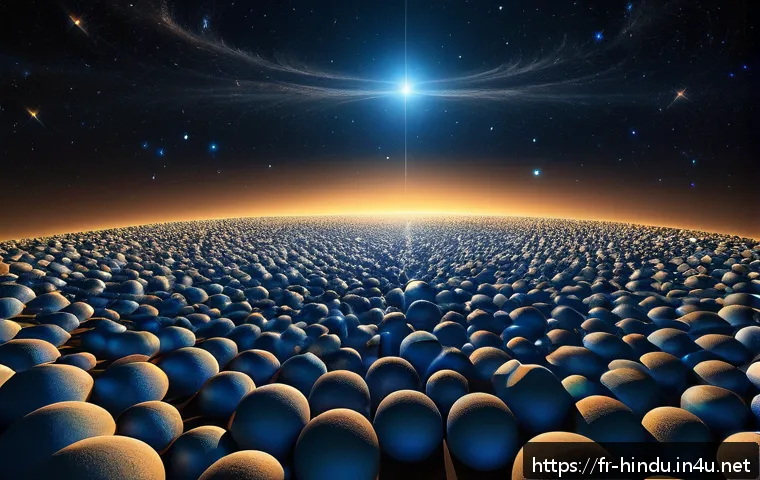 힌두교 철학 바이샤시카 - A detailed, metaphysical representation of eternal atoms: visualize countless tiny, glowing, indivis...