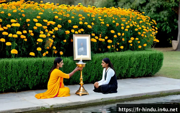 힌두교와 죽음의 관념 - Photorealistic respectful Hindu memorial scene in a peaceful French riverside garden, a small group ...
