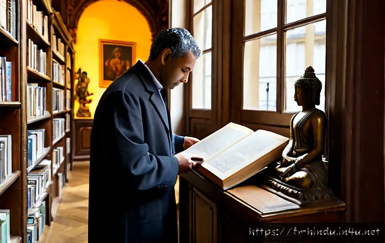 힌두교와 세계 문학 - Photorealistic quiet reading room in a historic French library, a diverse adult scholar studying an ...